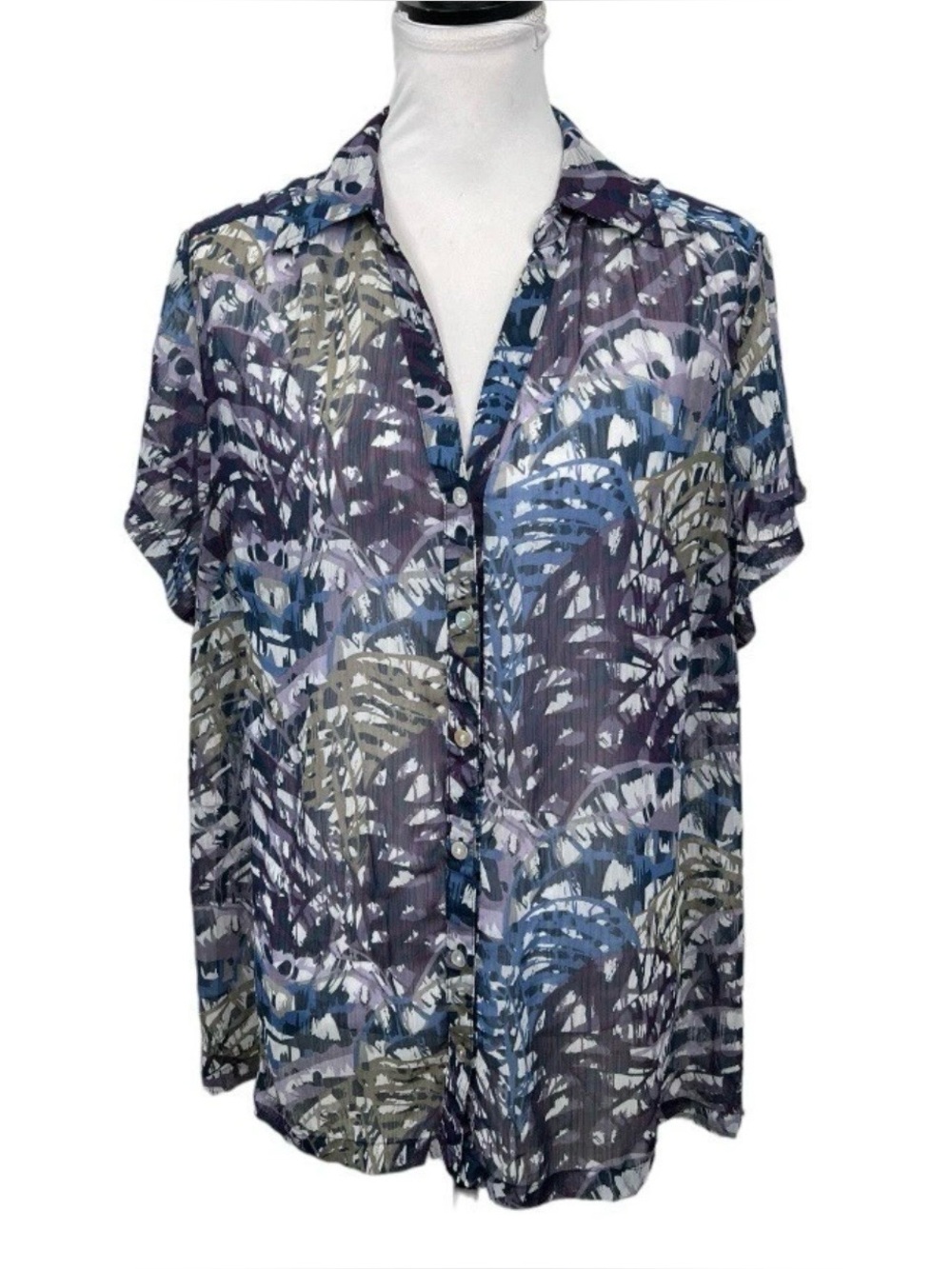 Avenue Blouse Plus 18/20 Blue Multicolor Collared Button Down Semi Sheer Top